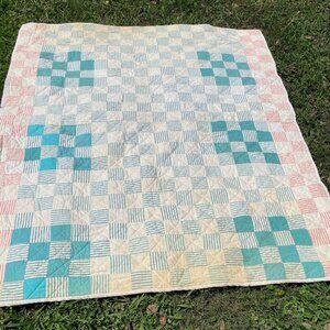 Vintage Peach Aqua Patchwork Squares Handmade Quilt Throw Solid Stripe